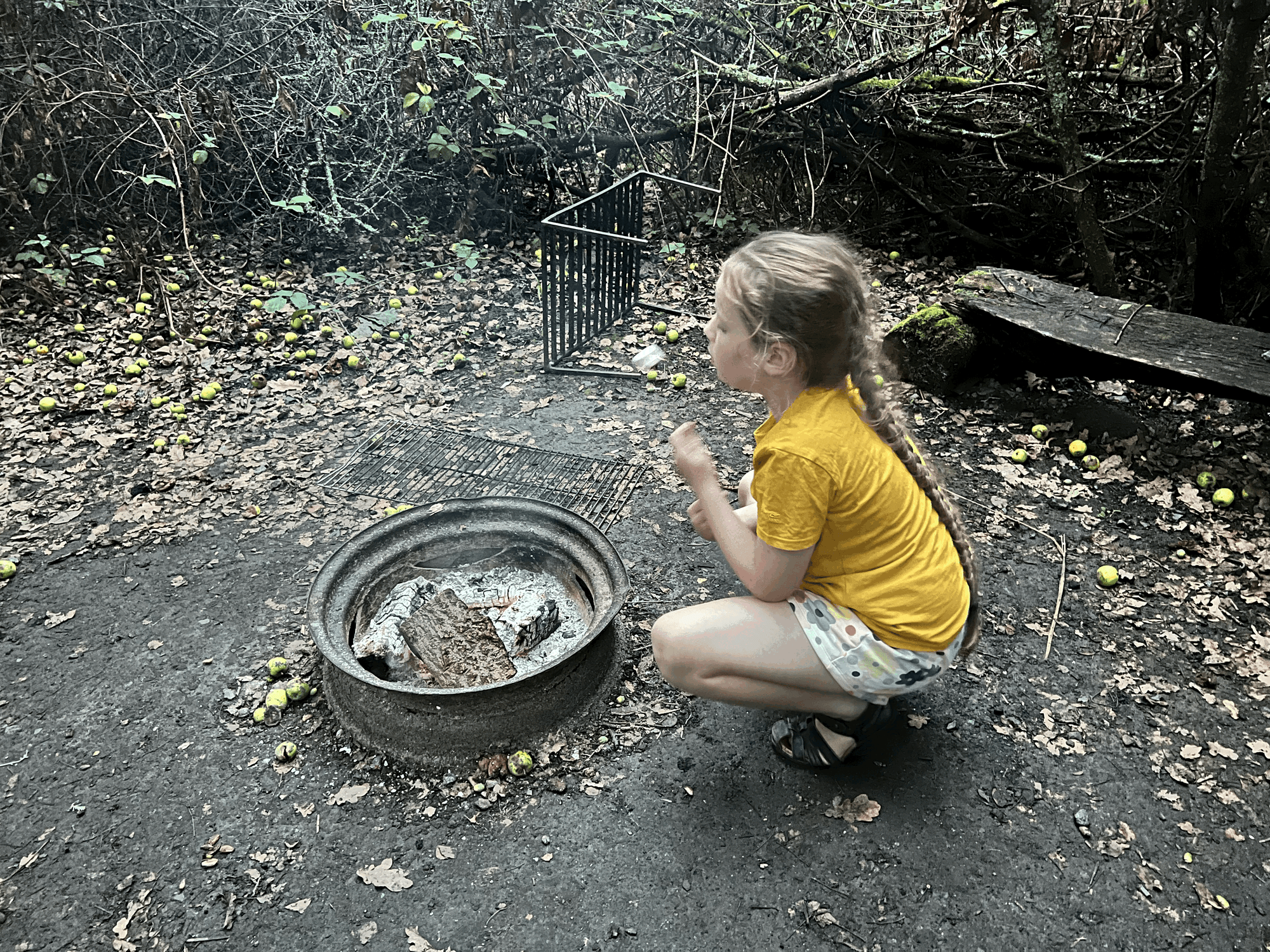 A young girl kneeling by a woodland campfire. 