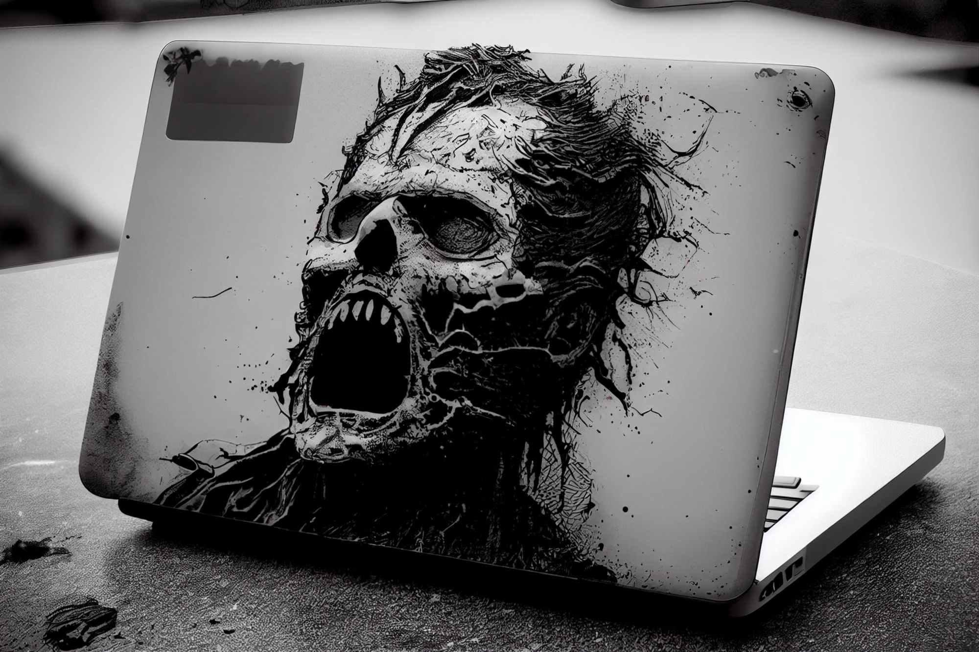 An old battered MacBook with a zombie rising out of the back of it. 