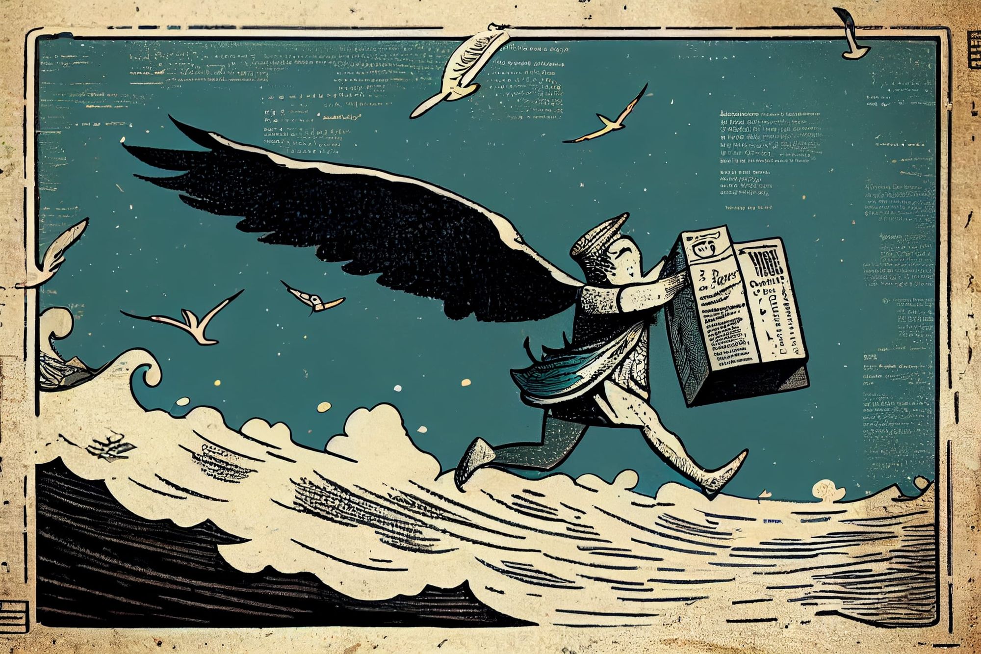 A winged figure carrying news across the ocean