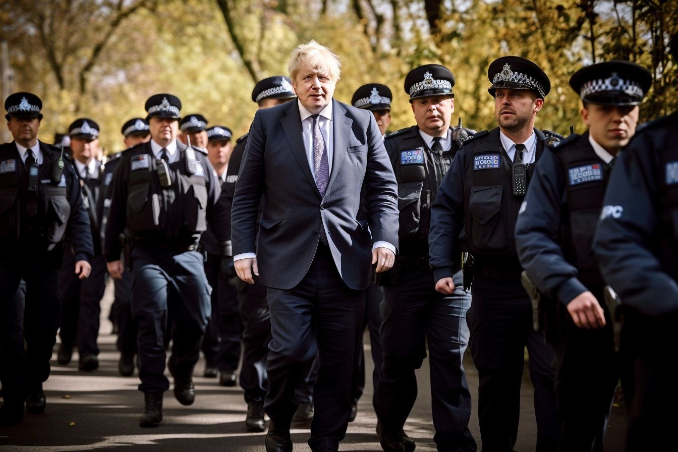 A Midjourney-illustrated image of Boris Johnson with the police