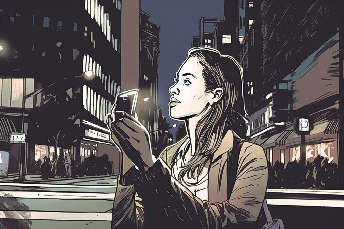 An illustration of a young female journalist recording a vertical video. 