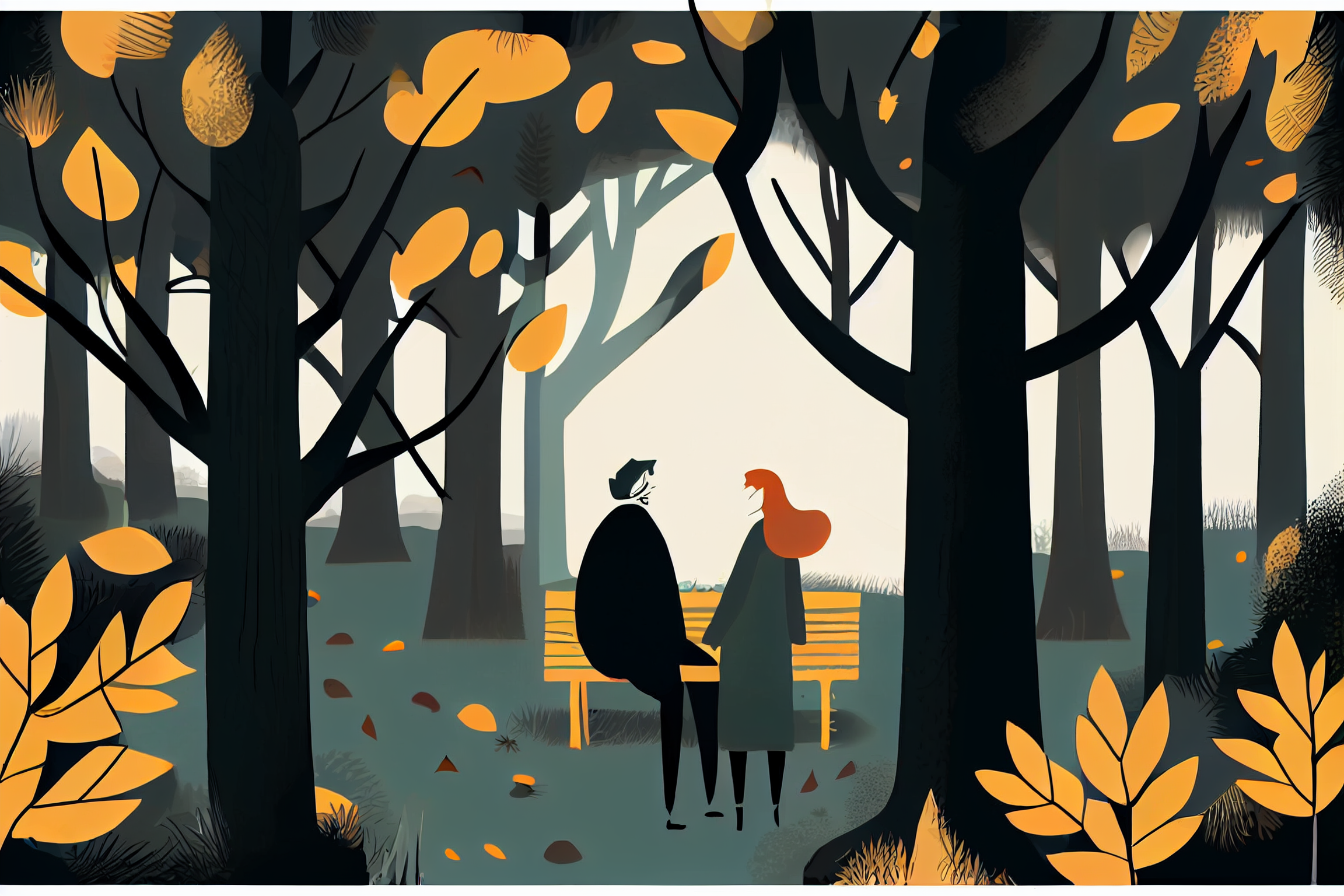 A cartoon of two people talking in a wood. 