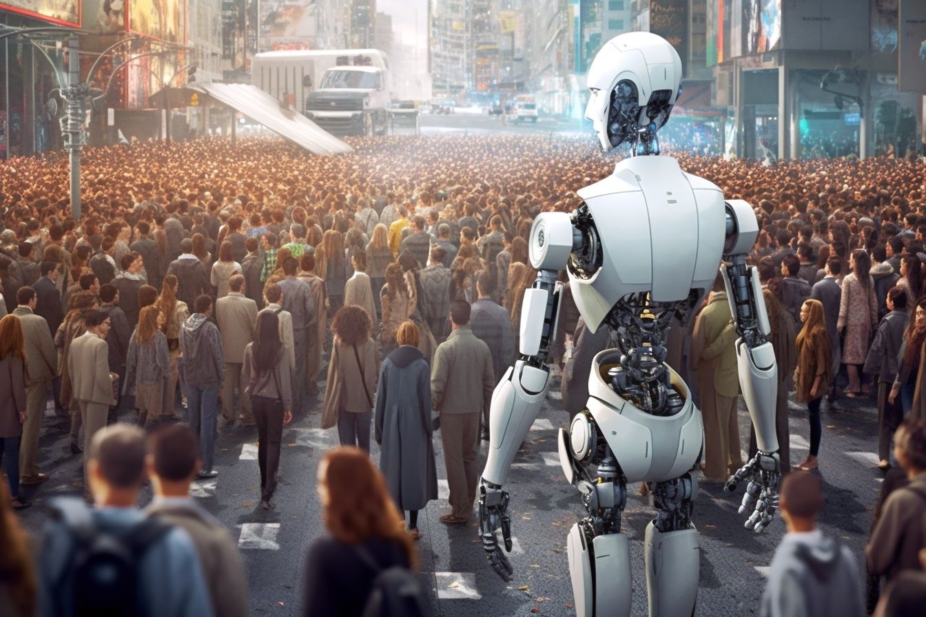 A crowd being guided by a white robot. 