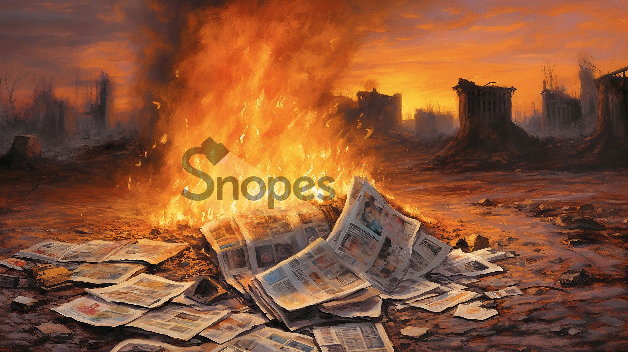 The Snopes logo on fire in a barren landscape. 
