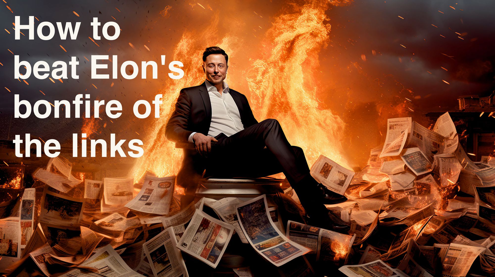 An AI generated image of Elon Mush sitting on burning newspapers, with a headline "How to beat Elon's bonfire of the links".