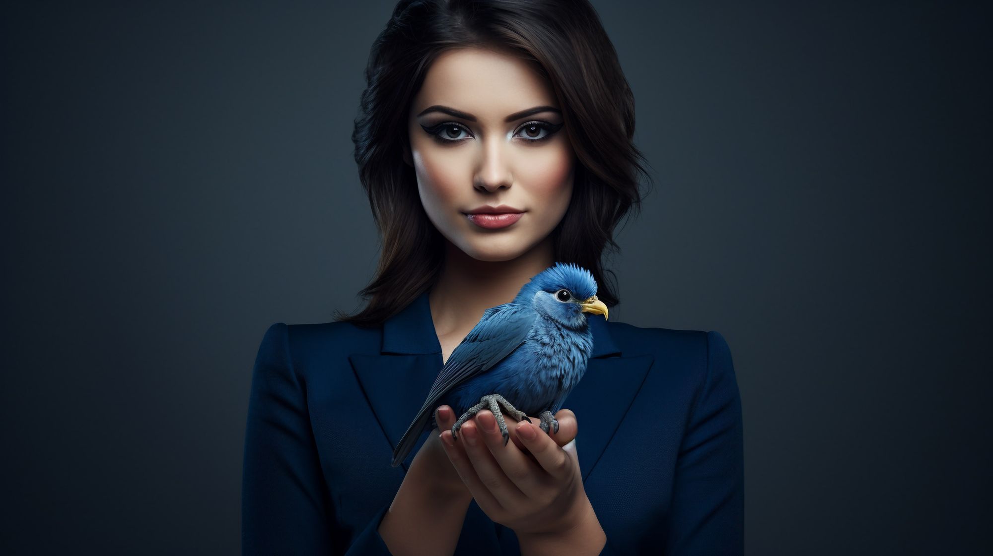 A businesswoman holding a blue bird, representing Twitter