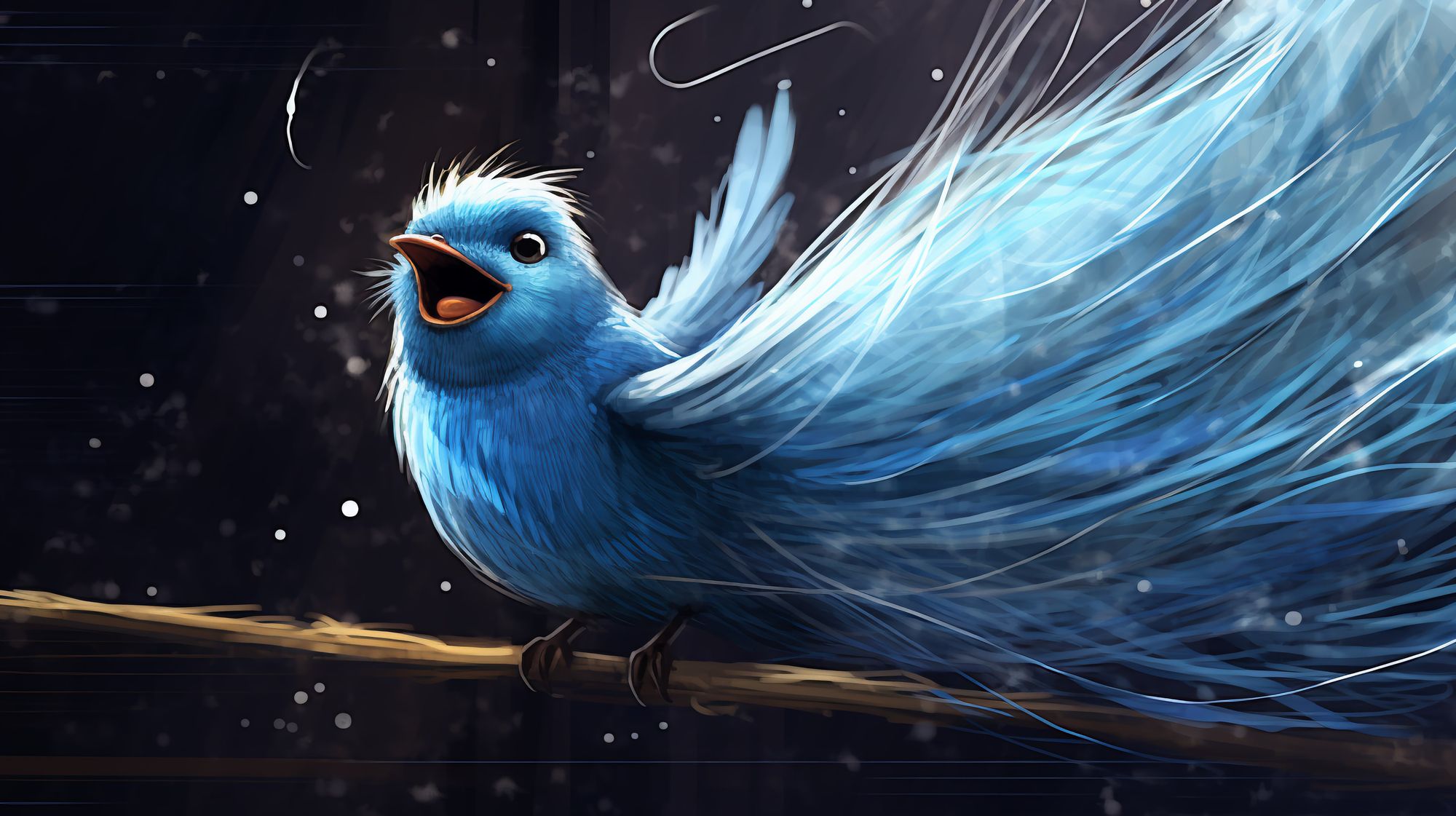 A blue Twitter bird turning into Threads. 