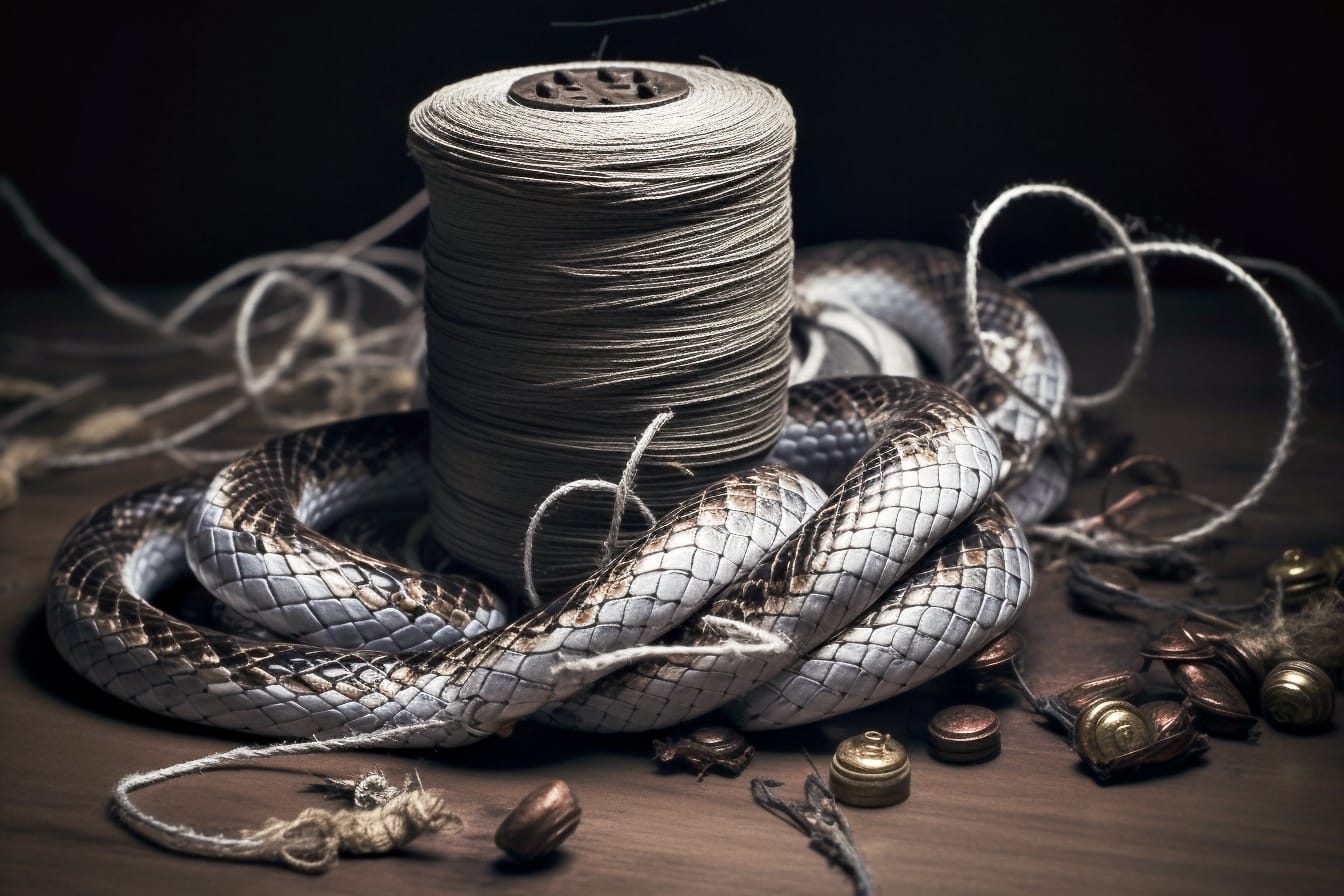 An adder wrapped around a large spool of thread. 