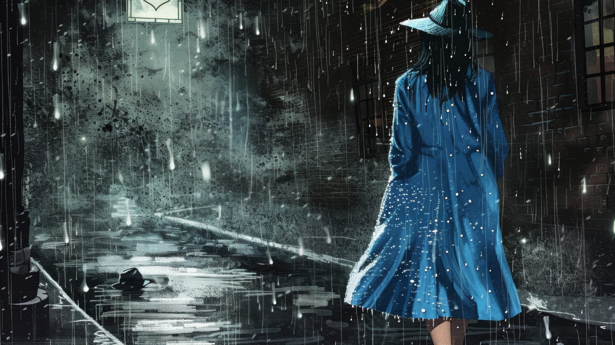 A woman walking away down a rainy street, a journalist’s trilby in the gutter.