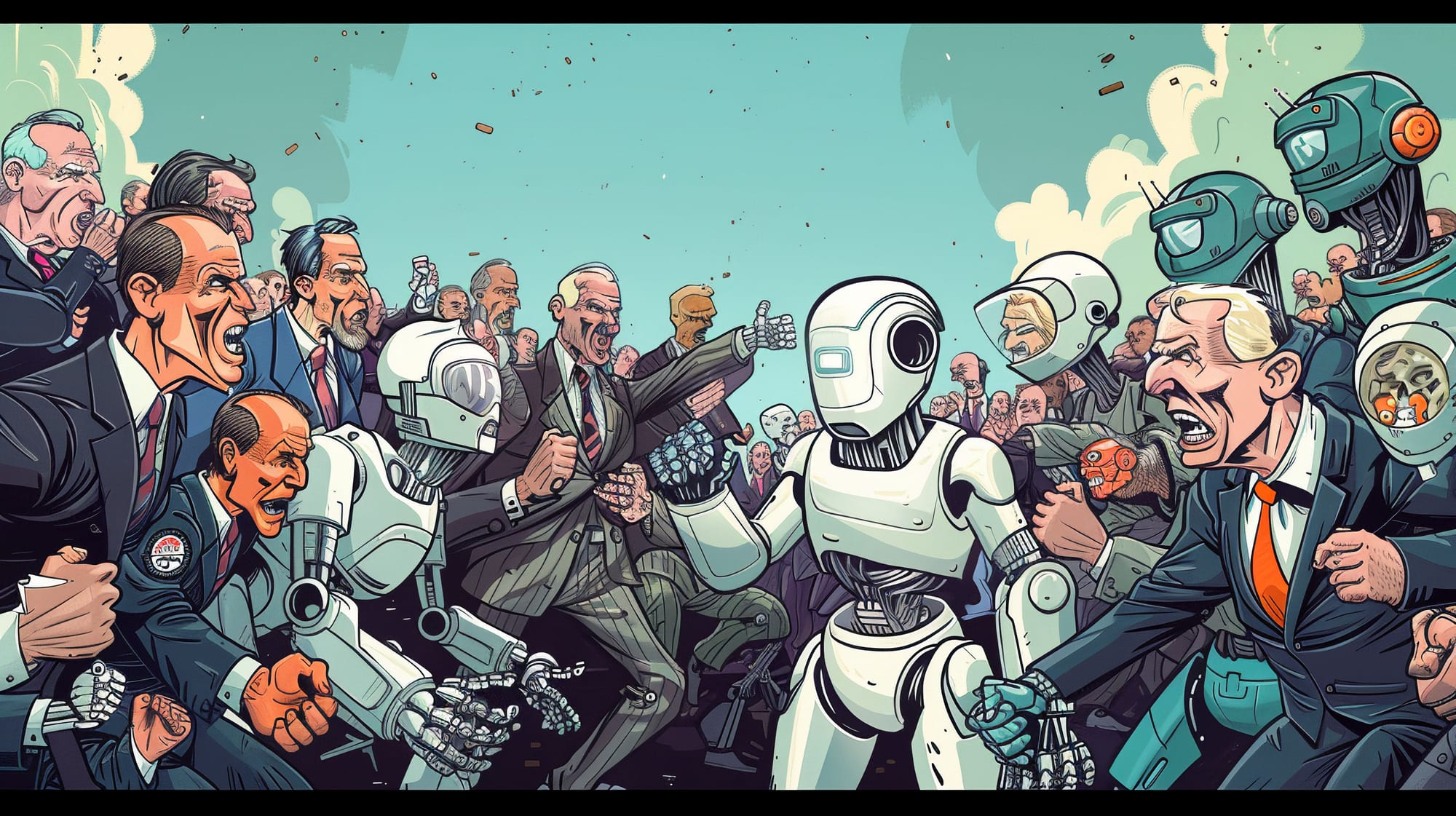 Aging politicians and robots fighting.