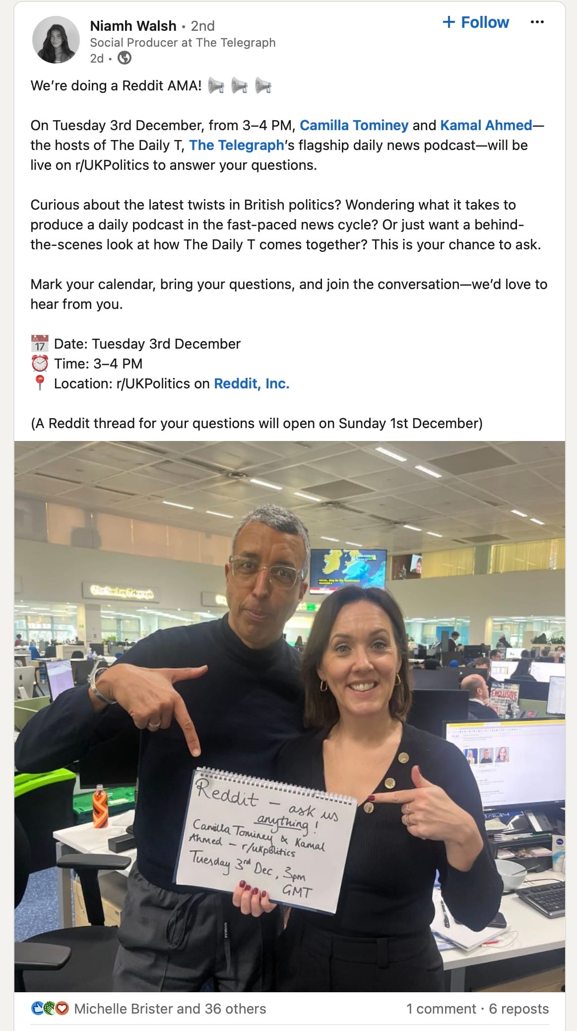 The Telegraph advertising its Reddit AMA with the Daily T podcast team on LinkedIn