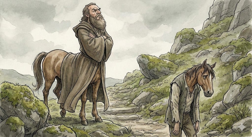 An illustrated scene of a bearded man whose lower body is a horse, standing upright with folded arms on a rocky hillside path, while ahead of him walks a tired-looking man with a horseās head, slumped and downcast. The landscape is mountainous and sparse, suggesting a role-reversal āreverse centaurā concept.