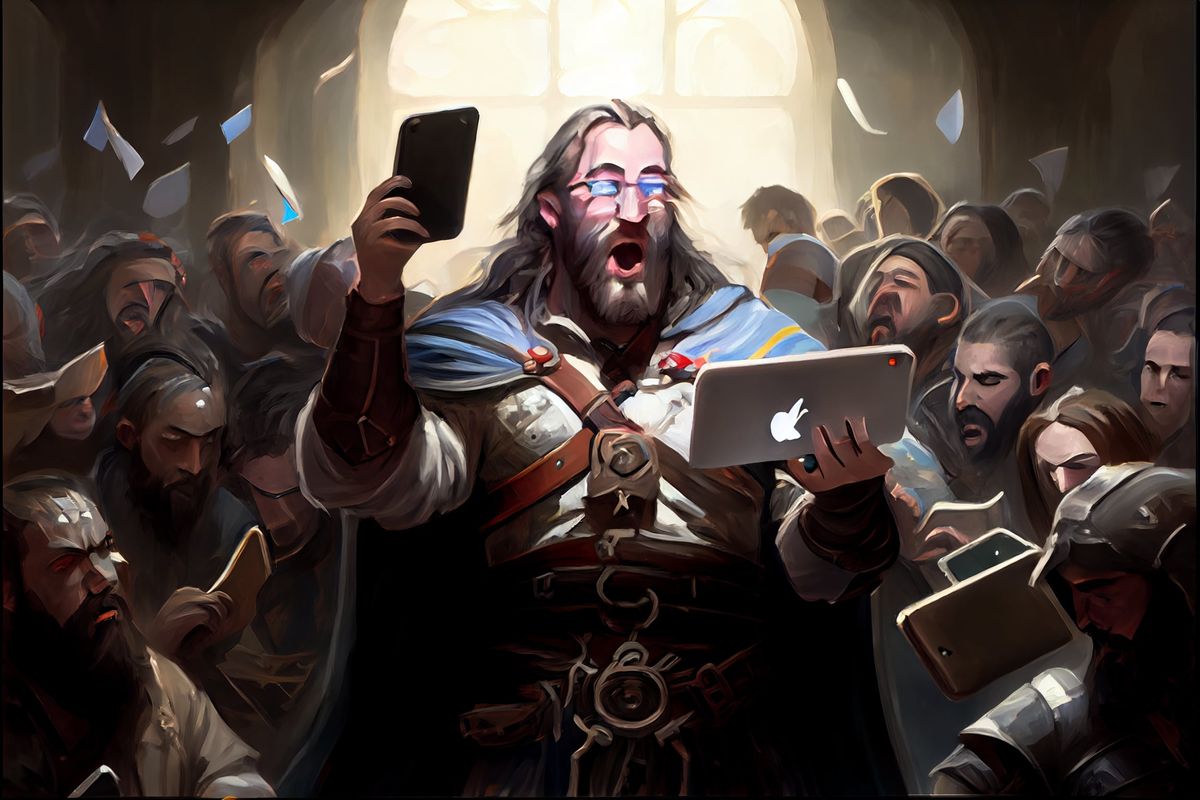 A D&D-style bard holding a laptop and phone, signing about search