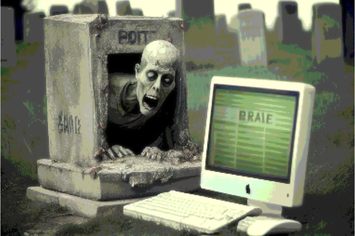 A zombie rising from its tomb, and staring at an old iMac