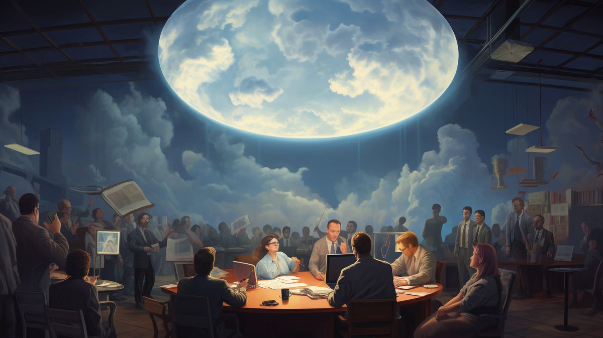 A giant magnifying glass hanging over journalists at work