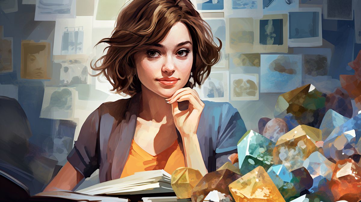 A researcher with books in front of her, photos on the wall behind, and a pile of gems in front of her. 