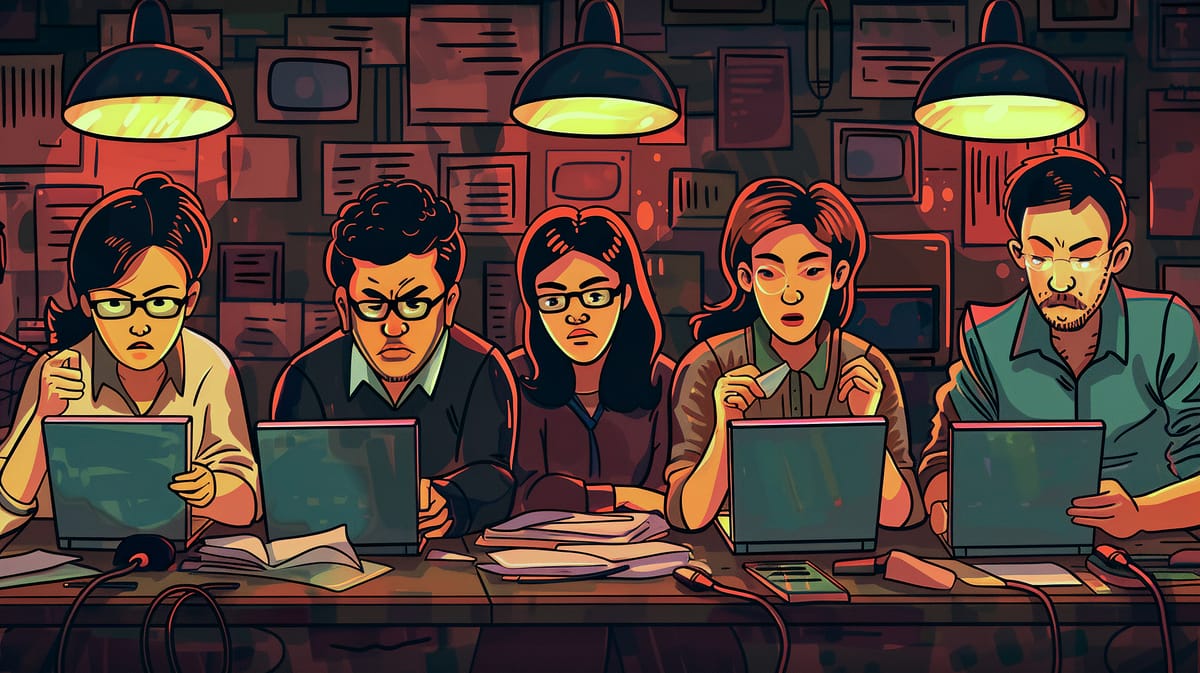 A cartoon of social media verifiers at work on their laptops