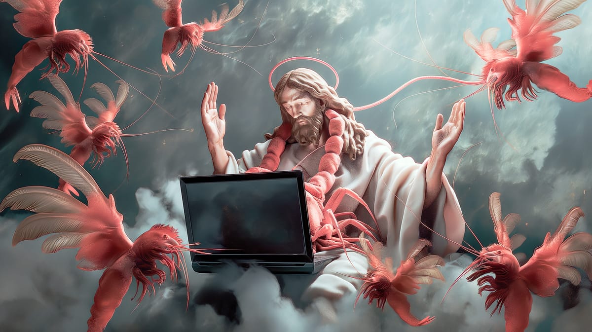 An AI-generated image of Shrimp Jesus surrounded by Shrimp Angels.