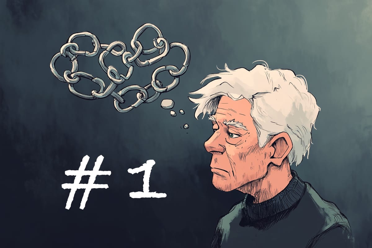 A middle-aged man thinking of links, with "#1" on a blackboard behind.