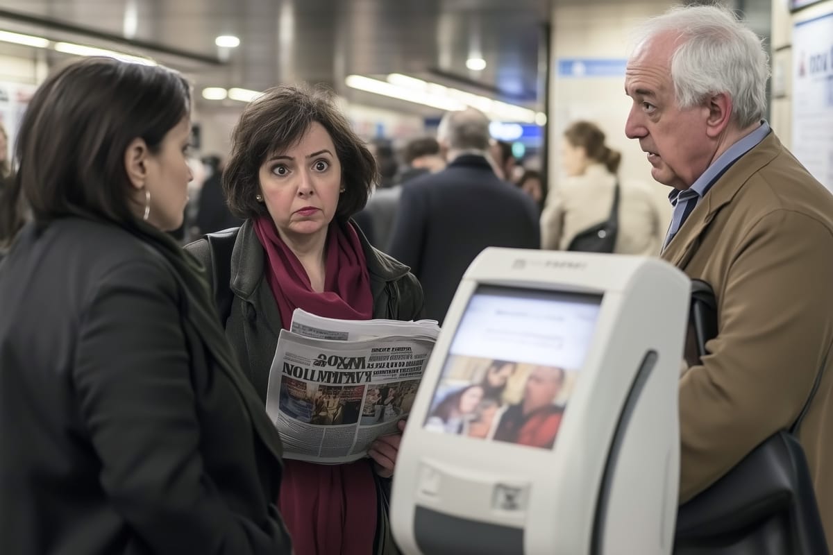 Three people in a busy subway station: a woman looks surprised while holding a newspaper, another listens closely, and an older man stands near a ticket machine.