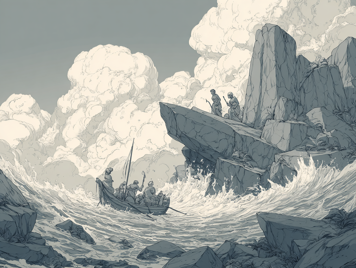 Illustrated scene of sailors in a boat facing towering waves and rocky cliffs, with siren-like figures watching from above.