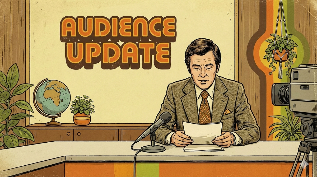 Illustration of a 1970s British newsreader in a brown suit reading papers at a desk. The background features the text "AUDIENCE UPDATE" in a retro font, flanked by a globe and plants.