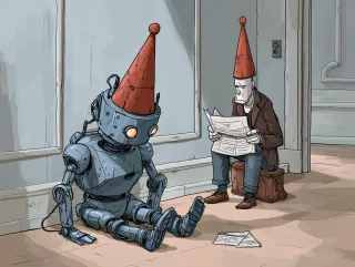 A robot and a man, both wearing red dunce caps, sit in a hallway. The man reads a newspaper while the robot appears inactive
