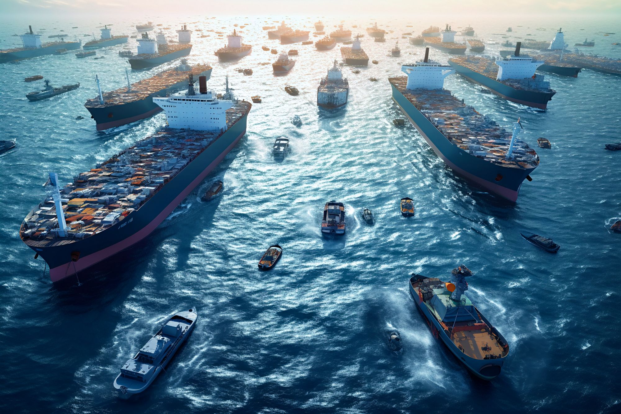 A number of supertankers on the sea, surrounded by smaller boast. A media ecosystem metaphor. 