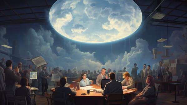 A giant magnifying glass hanging over journalists at work