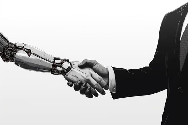 A robot arm shaking hands with a human, after closing a deal