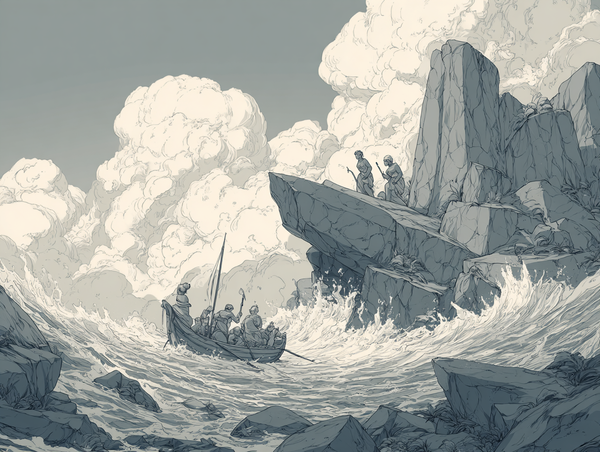 Illustrated scene of sailors in a boat facing towering waves and rocky cliffs, with siren-like figures watching from above.