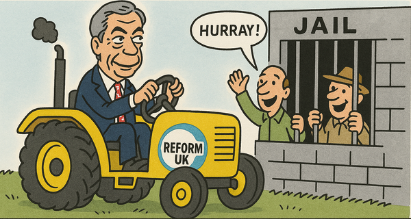 ChatGPT's attempt at a political cartoon about Nigel Farage rescuing farmers