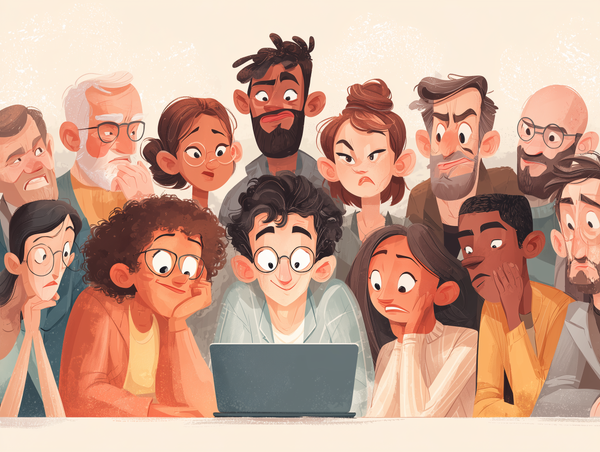 A diverse group of cartoon-style journalists of different ages and backgrounds gather closely around a laptop, showing mixed reactions from curiosity to concern.