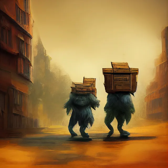 Two trolls carrying boxes.