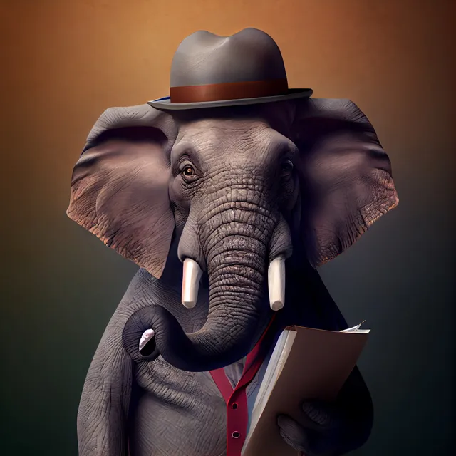 An elephant dressed as a journalist, holding a notebook and a pen in its trunk.