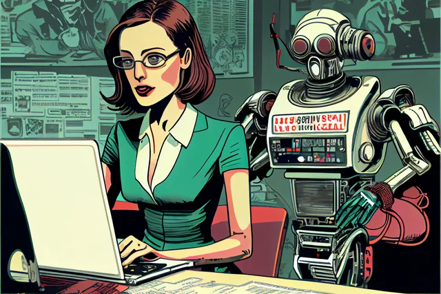 A cartoon of a woman working at a laptop with a robot behind her.