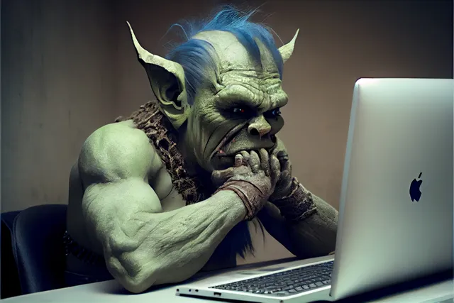 A troll looking sadly at a laptop