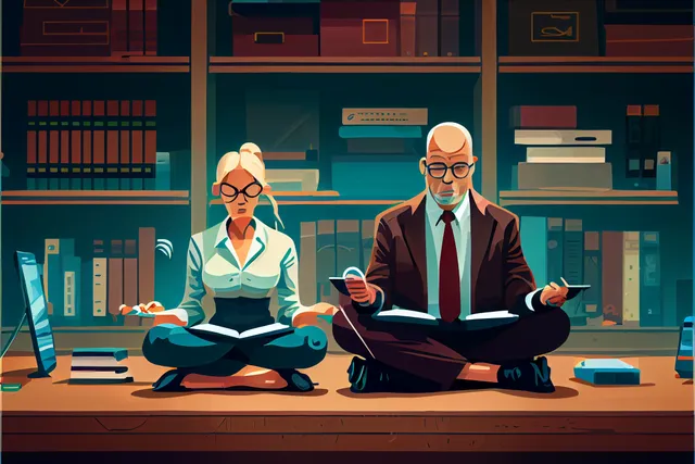 An illustration of to web publishers meditating in a zen fashion. 