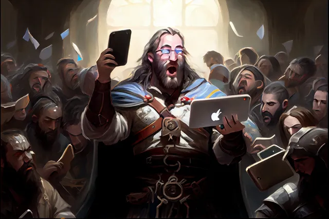 A D&D-style bard holding a laptop and phone, signing about search