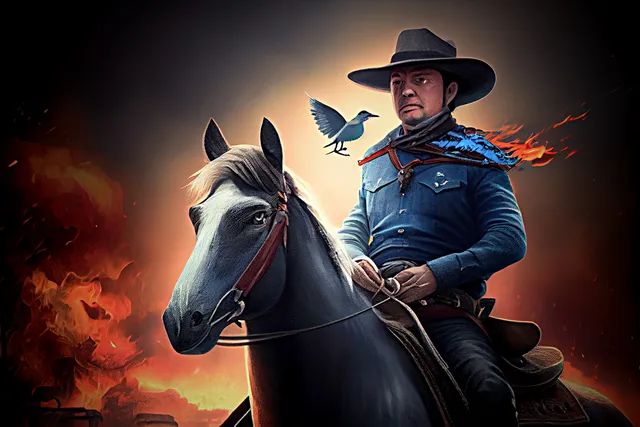 Elon Musk as a sheriff, burning down the town, while a blue bird flies next to him. 