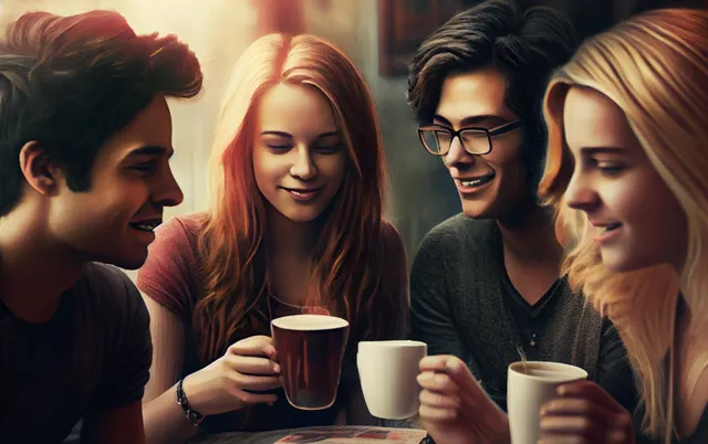 A group of young people having a chat over coffee. 