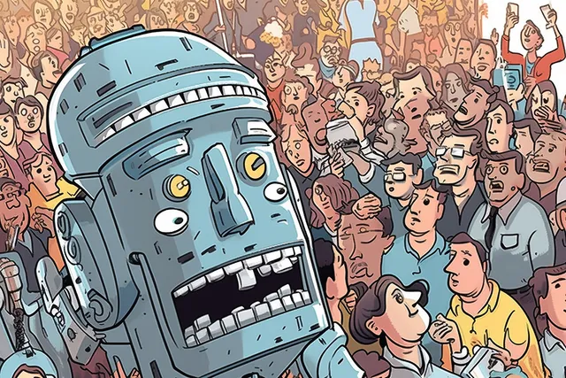 An AI-driven robot spewing lies to a crowd. 