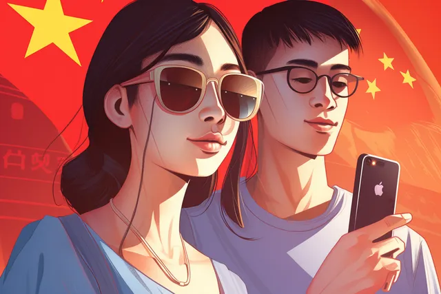 A young woman being watched as she uses TikTok, the Chinese flag in the background. 