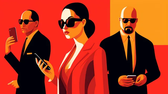 Two security guards watching an Apple user on her iPhone. 