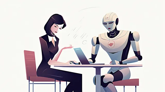 A journalist and a robot working together. 
