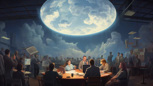 A giant magnifying glass hanging over journalists at work