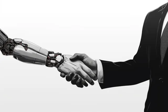A robot arm shaking hands with a human, after closing a deal