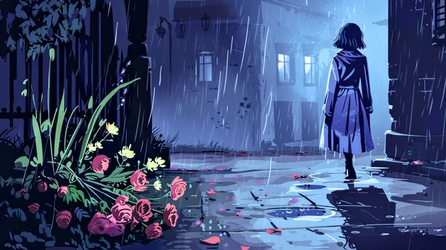 A woman walks away down a rainy street, leaving behind unwanted flowers in the gutter. 
