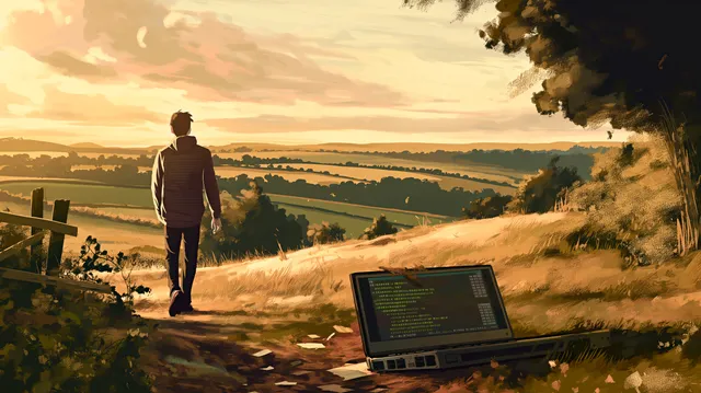 A man walking away from a broken laptop into a pastoral landscape. 