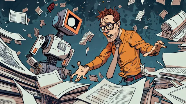 A journalist and a robot sub-editor having a lively debate over some copy